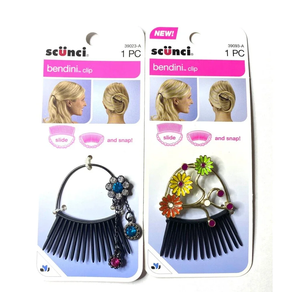 2 - Scunci Bendini w/ Jewel & w/ Flower Snap Comb Hair Clips - Slide & Snap